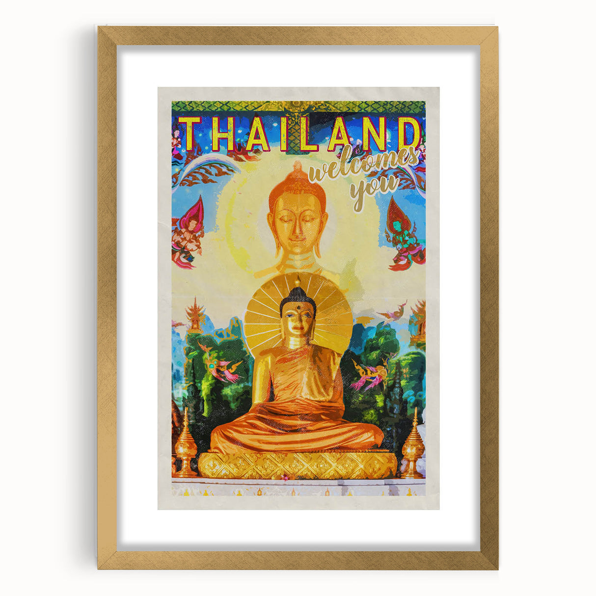 Bangkok Thailand Retro Travel Poster | Buddha Temple Welcome Art