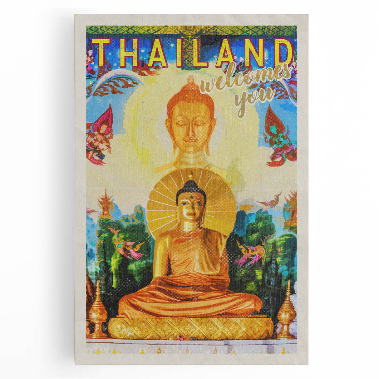 Bangkok Thailand Retro Travel Poster | Buddha Temple Welcome Art