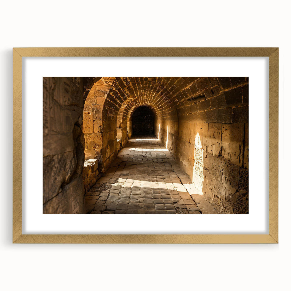 Textured abstract art print depicting an Ethiopian landscape in earthy tones, framed in gold, ideal for bedroom art.