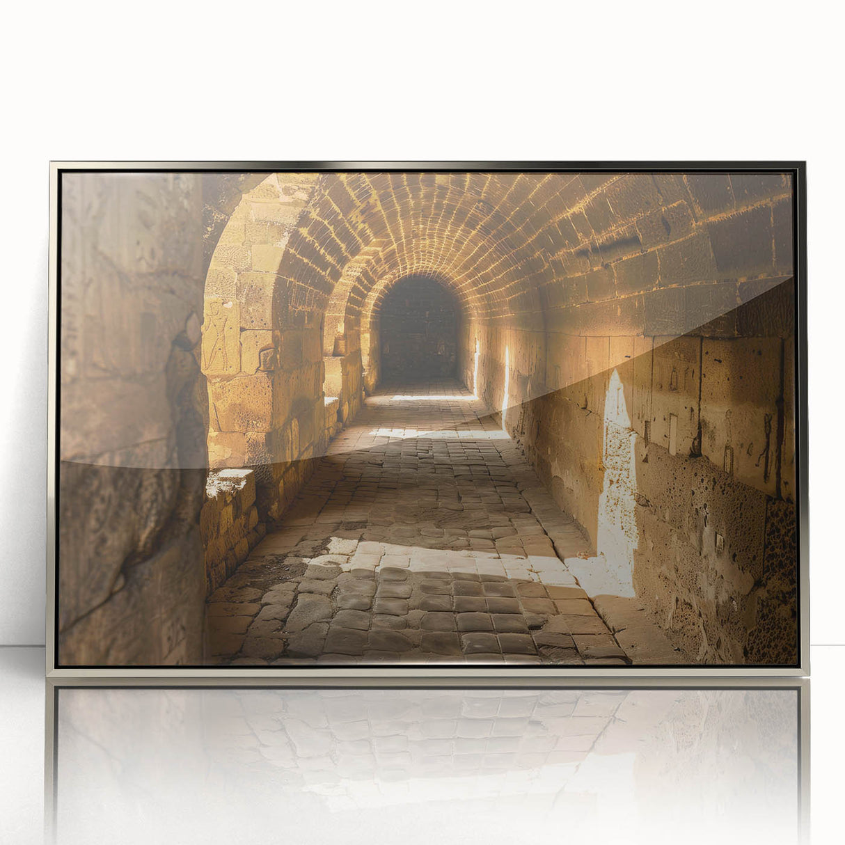 Acrylic print of an Ethiopian landscape in muted earth tones, framed in silver, suitable for modern art wall decor.