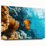 Large abstract wall art of Mauritius scenery in muted blue and green tones on acrylic glass.