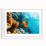 Extra large abstract art print of a Mauritian landscape in textured colors, framed in white, ideal for living room decor.