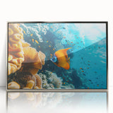 Art deco poster of a Mauritian landscape, featuring silver-framed acrylic with pastel shades.