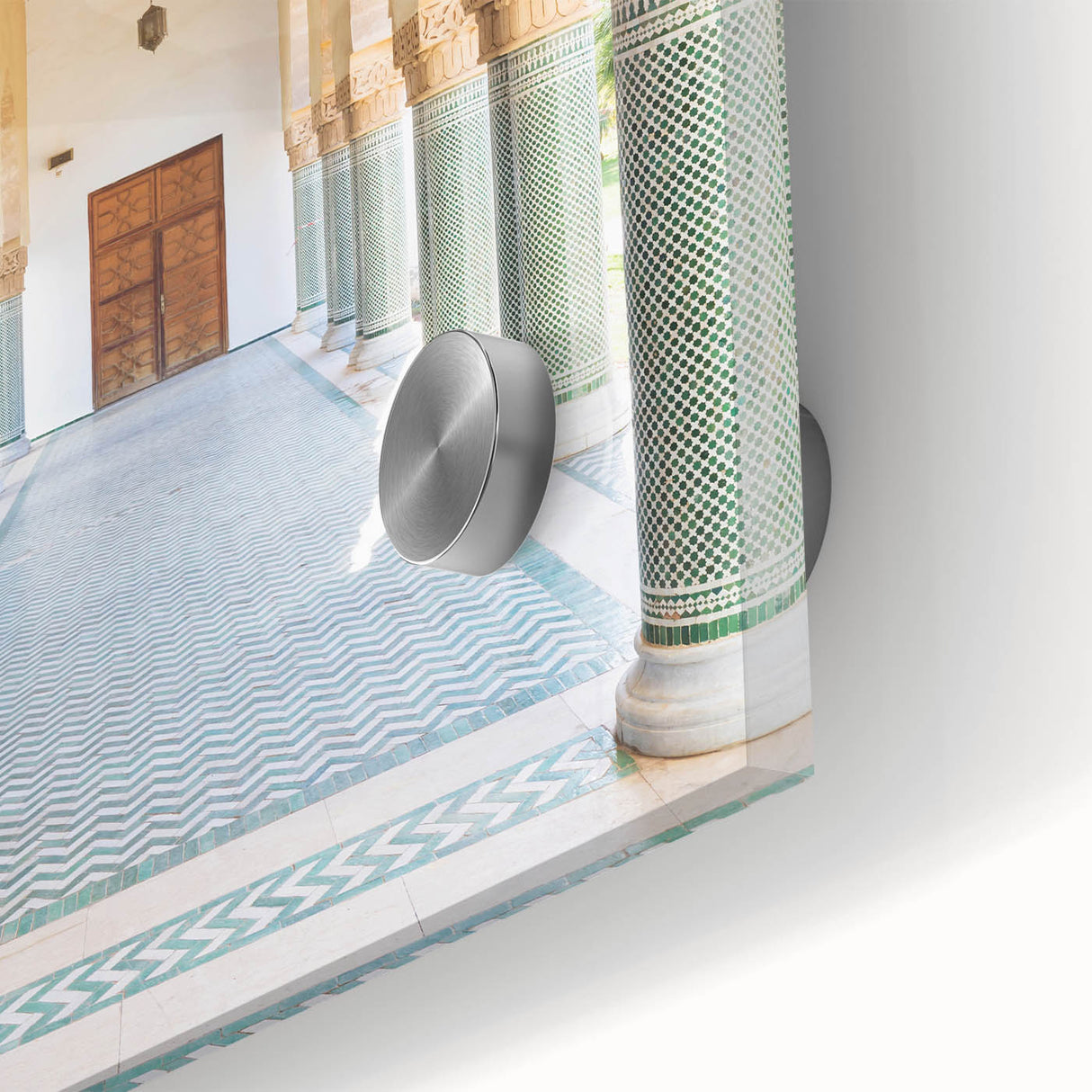 Large abstract wall art featuring a Moroccan scenery in muted earth tones on acrylic glass, ideal for dining room ambiance.