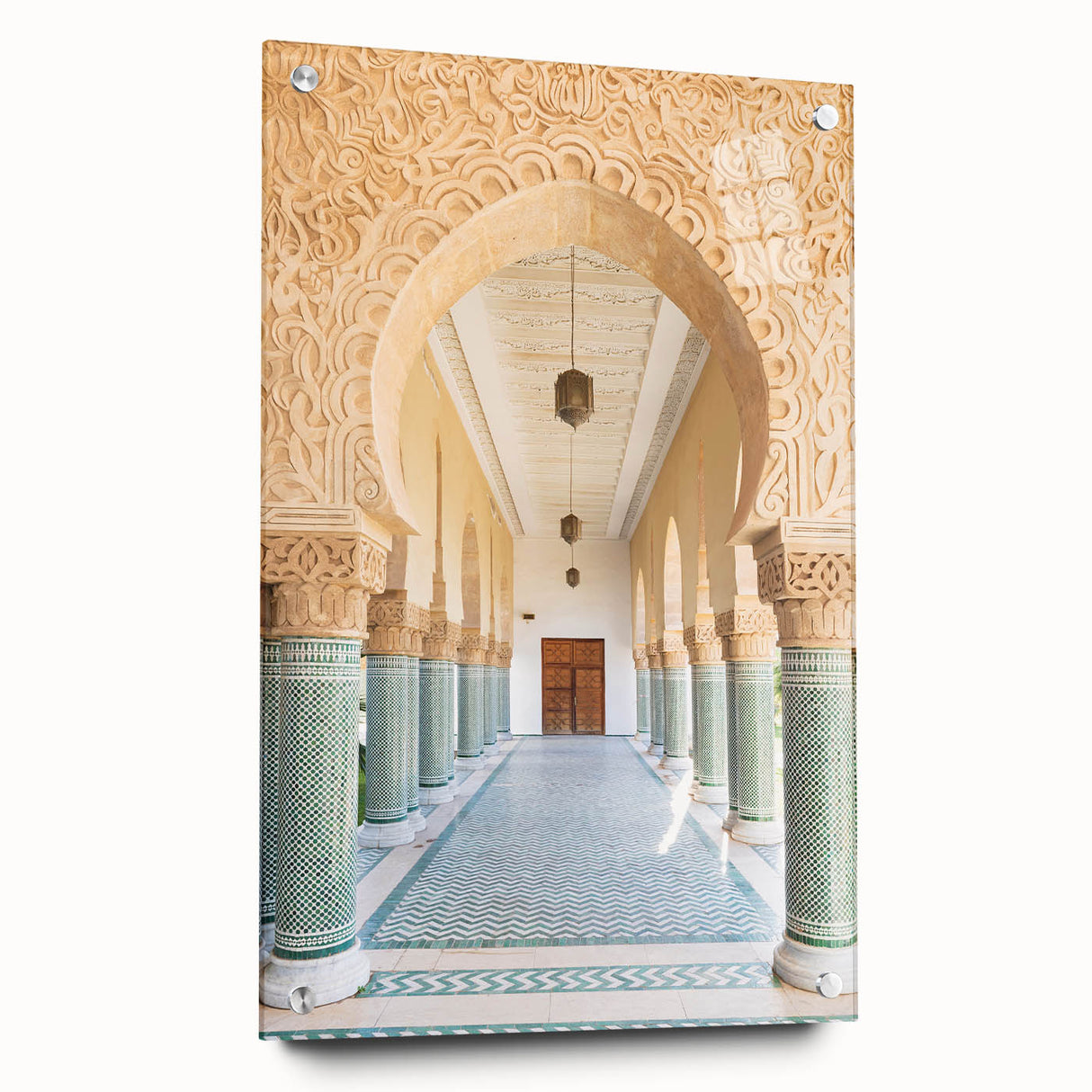 Acrylic print of a Moroccan landscape in muted earth tones, ideal for dining room decor.