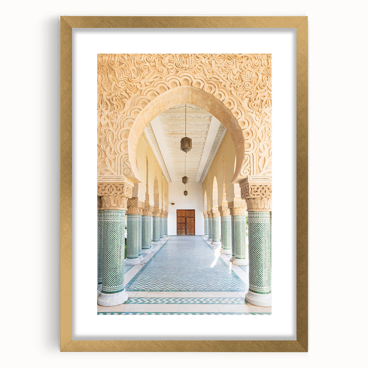 Textured art of abstract Moroccan scenery in gold frame, featuring earthy tones, ideal for bedroom art.