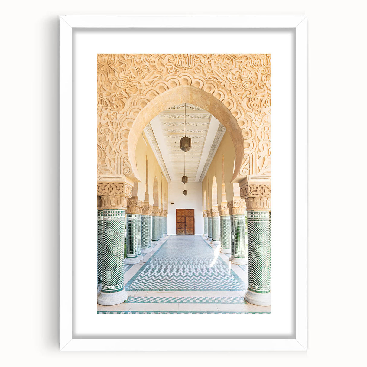 Extra large abstract art print depicting a textured Moroccan scenery in earth tones, framed with a white mat.