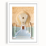 Extra large abstract art print depicting a textured Moroccan scenery in earth tones, framed with a white mat.