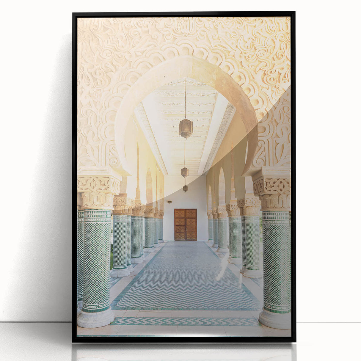 Large abstract wall art featuring a Moroccan landscape in muted earth tones on a framed acrylic.
