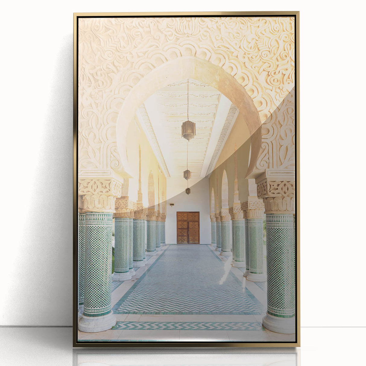 Mid-century modernist art depicting Moroccan scenery in gold and blue tones on a framed acrylic.
