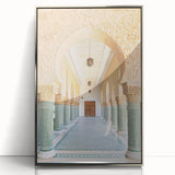 Art deco poster depicting a Moroccan landscape in silver-toned acrylic frame, ideal for modern art wall decor.