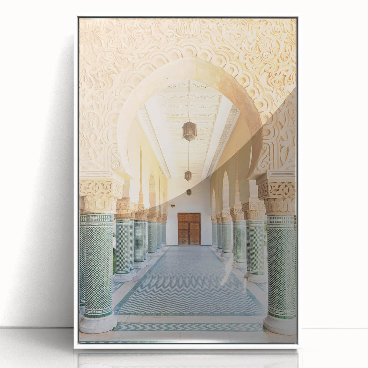 Large art print of Moroccan scenery on framed acrylic, featuring earthy tones and mid-century modernist style.