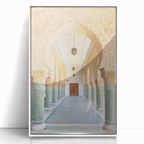 Large art print of Moroccan scenery on framed acrylic, featuring earthy tones and mid-century modernist style.