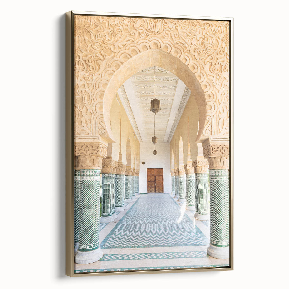 Framed canvas landscape art painting of a Moroccan scenery in muted gold and black tones.