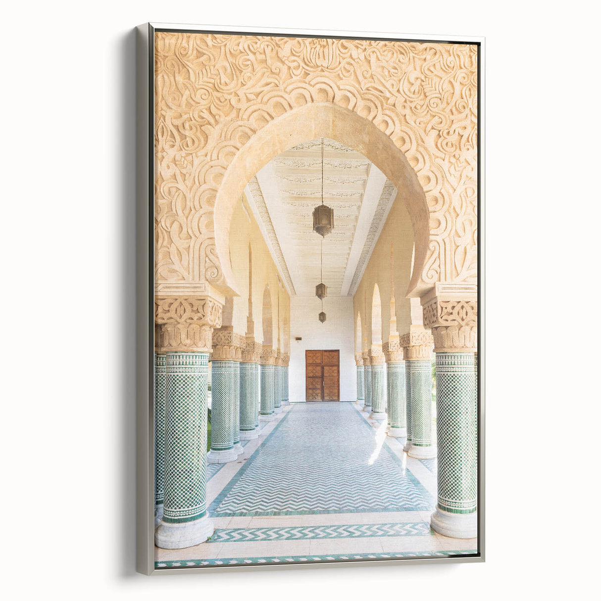 Vintage poster art featuring a Moroccan landscape in colorful tones on a large framed canvas, ideal for living room decor.