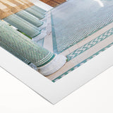 Art deco poster of a Moroccan landscape in muted earth tones on rolled canvas, suitable for dining room decor.