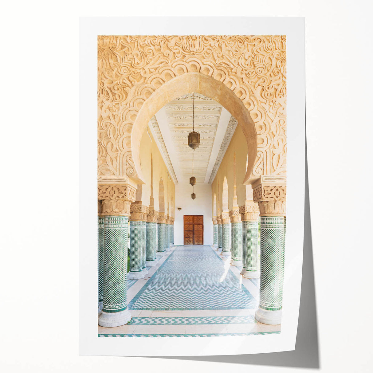 Extra large rolled print depicting a Moroccan scenery with vibrant floral elements, ideal for art wall dining room.