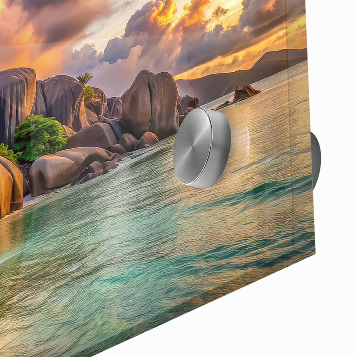 Large abstract wall art of Seychelles scenery in acrylic glass, featuring mid-century modernist style.