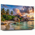 Acrylic print of a Seychelles landscape in muted green and blue tones, suitable for bedroom or dining room decor.