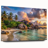 Acrylic print of a Seychelles landscape in muted green and blue tones, suitable for bedroom or dining room decor.