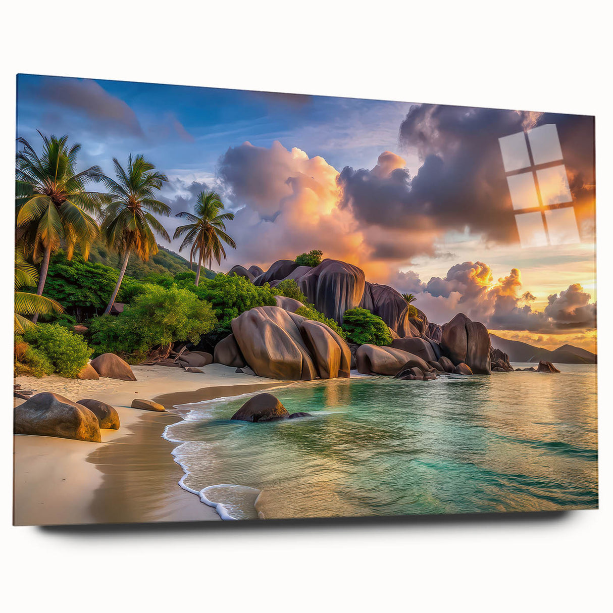 Large abstract wall art of Seychelles scenery in vibrant blues and greens on acrylic glass.