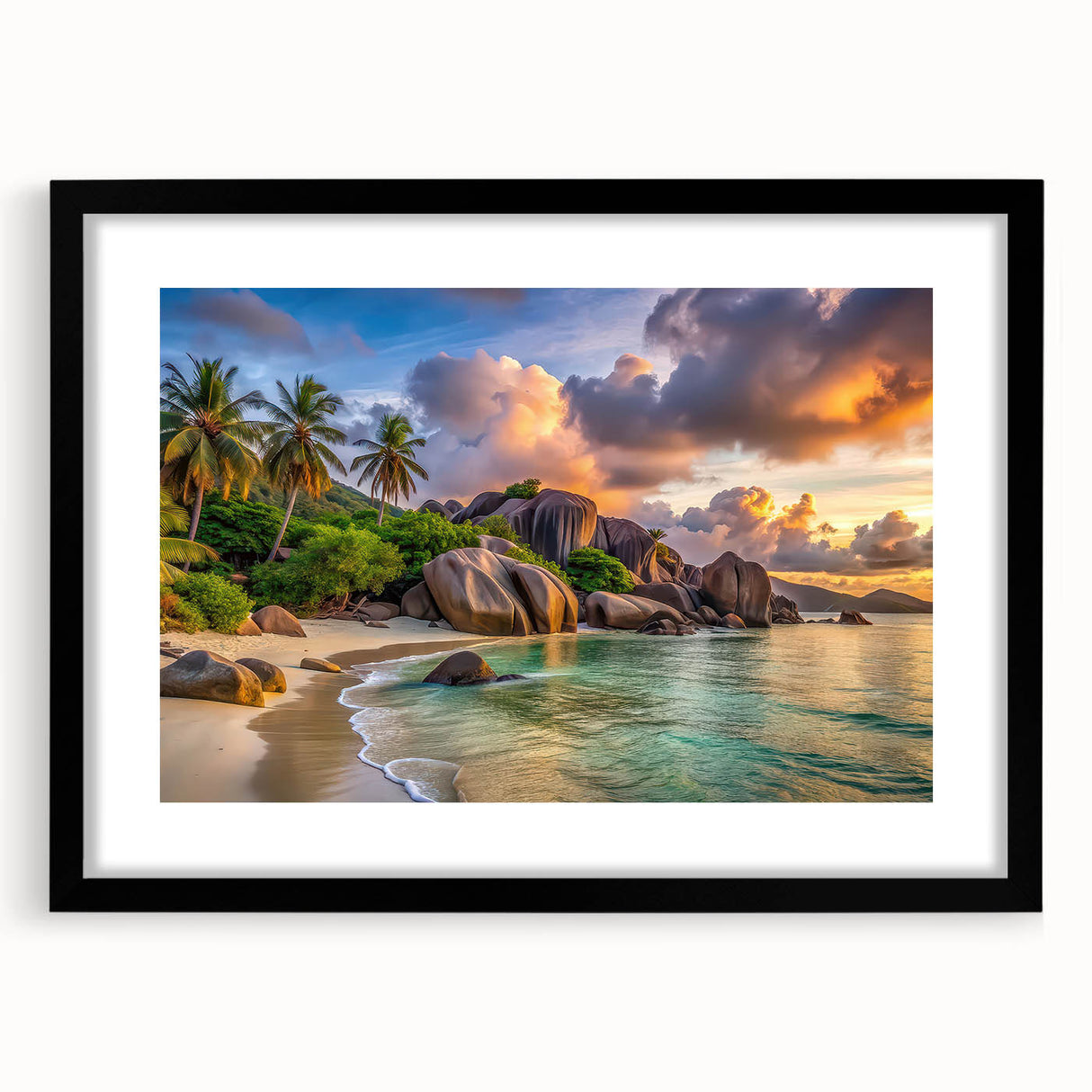 Extra large, textured abstract art print featuring colorful, vibrant scenery of the Seychelles on a framed black mat canvas.