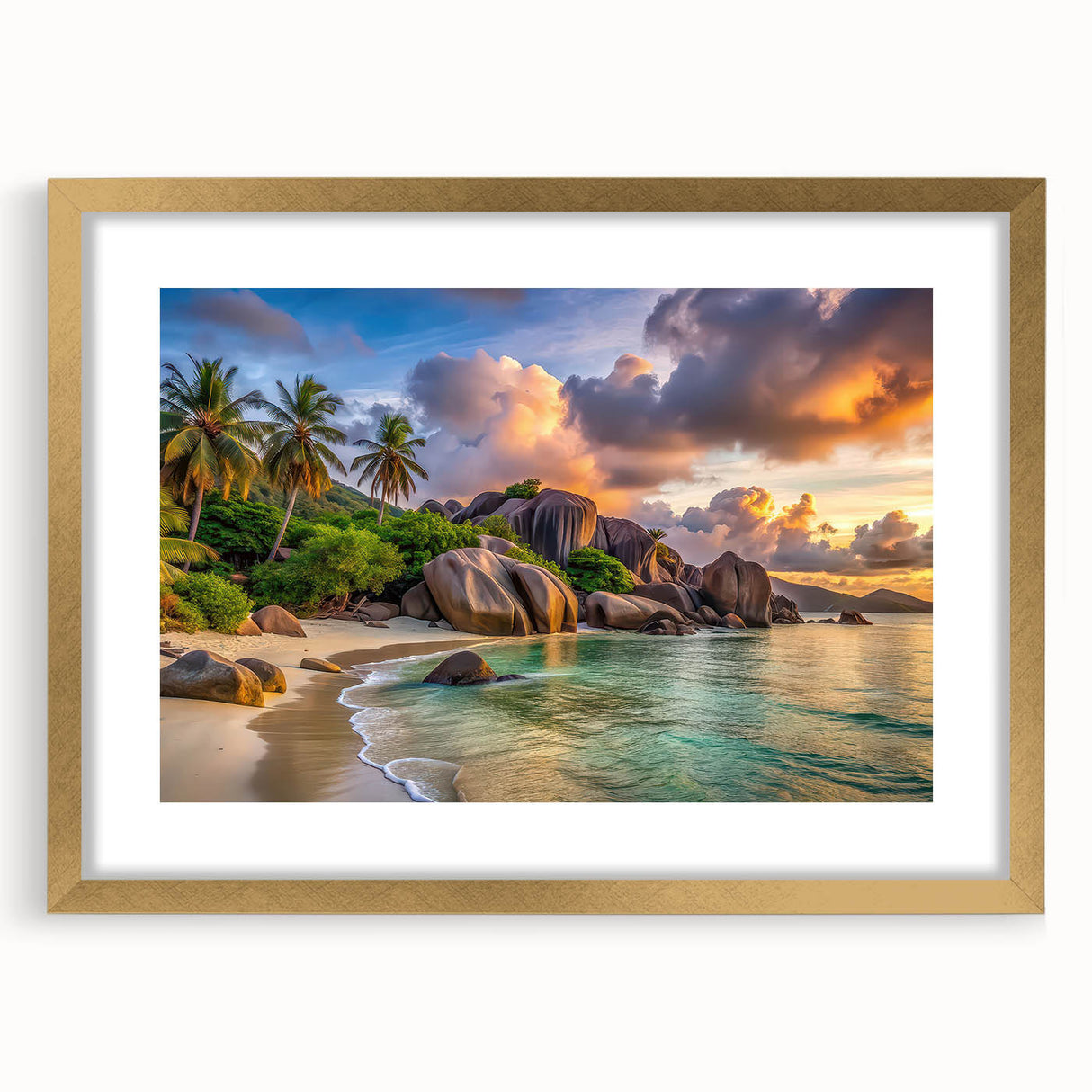 Extra large abstract art print of Seychelles scenery in gold frame, featuring textured blue and green tones.