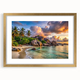 Extra large abstract art print of Seychelles scenery in gold frame, featuring textured blue and green tones.