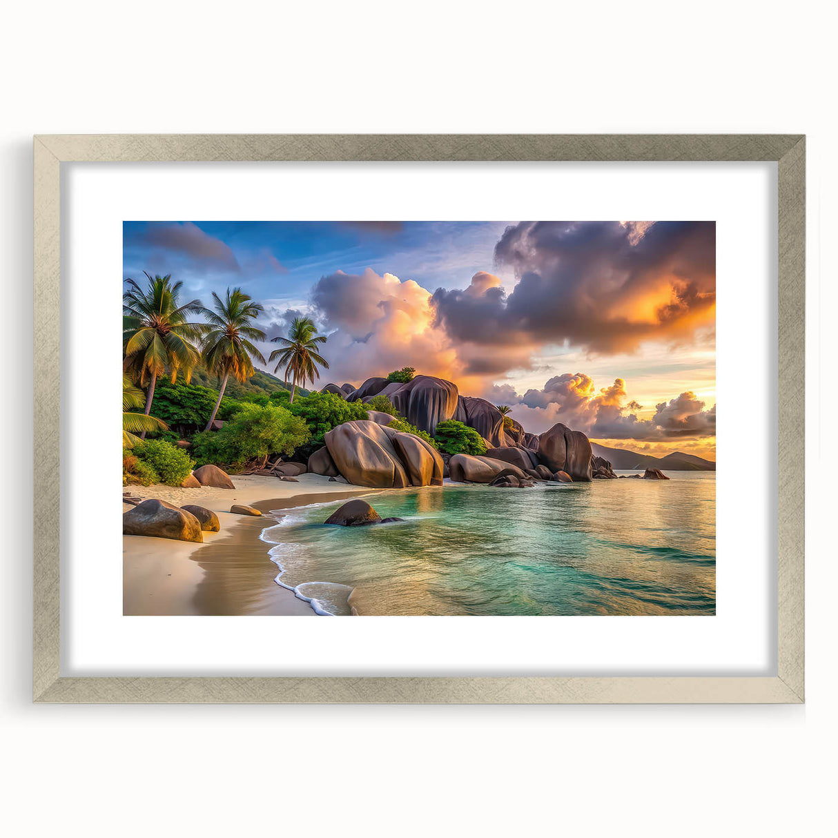Textured art depicting abstract African scenery in muted earth tones on a silver-framed mat, ideal for bedroom decor.