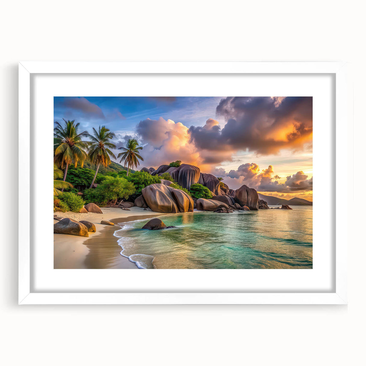 Abstract art print of Seychelles scenery in muted blue and green tones on a framed white mat, ideal for dining room art.