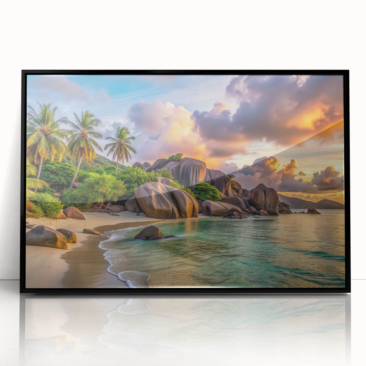 Large abstract wall art depicting a serene Seychelles scenery in muted blue and green tones, framed in black acrylic.