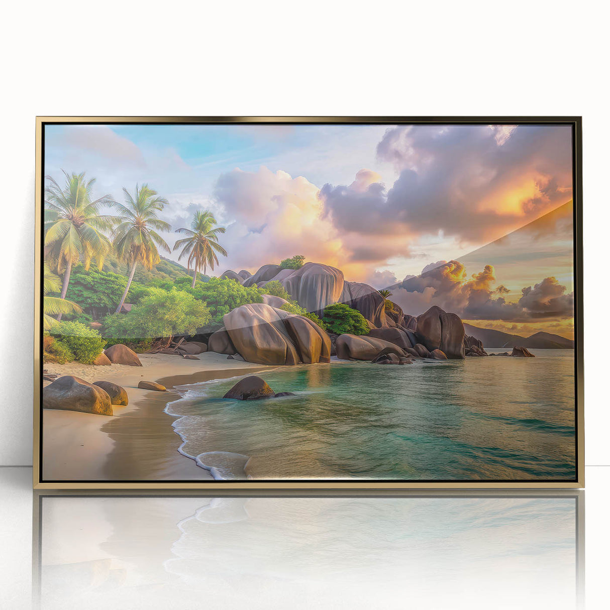 Large acrylic print of a Seychelles scenery in gold frame, featuring mid-century modernist style.