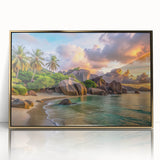Large acrylic print of a Seychelles scenery in gold frame, featuring mid-century modernist style.