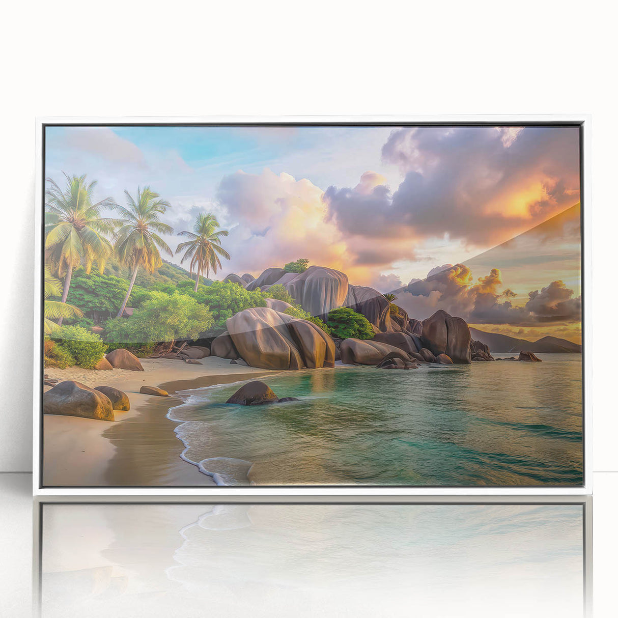 Acrylic print of Seychelles scenery with lush greens and ocean blues, framed in white, suitable for modern nursery decor.