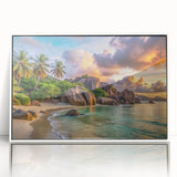 Acrylic print of Seychelles scenery with lush greens and ocean blues, framed in white, suitable for modern nursery decor.
