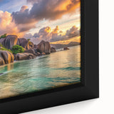 Extra large black wall art on framed canvas featuring a colorful, textured depiction of Seychelles scenery.