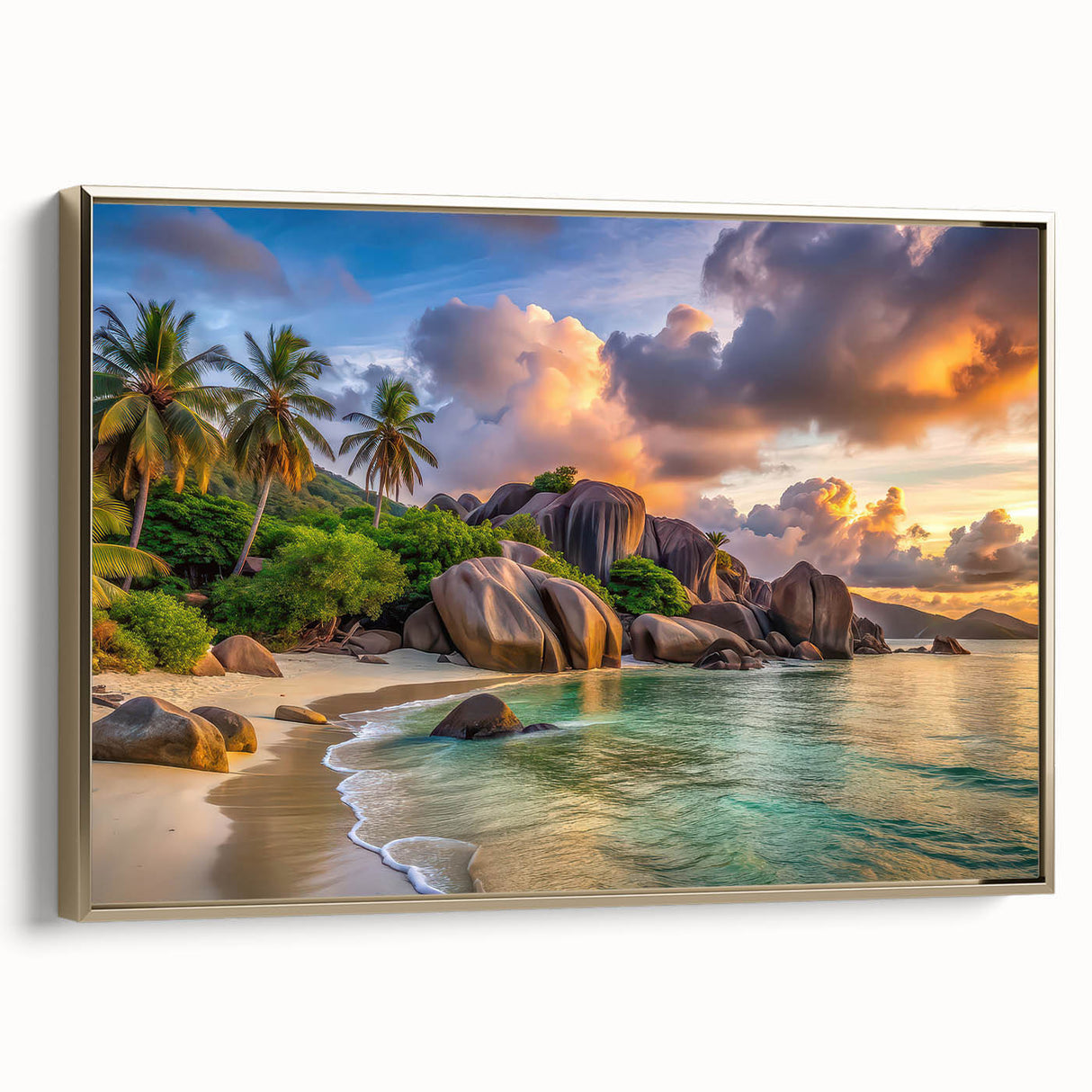 Framed canvas depicting a serene Seychelles landscape in muted earth tones, ideal for bedroom wall art.