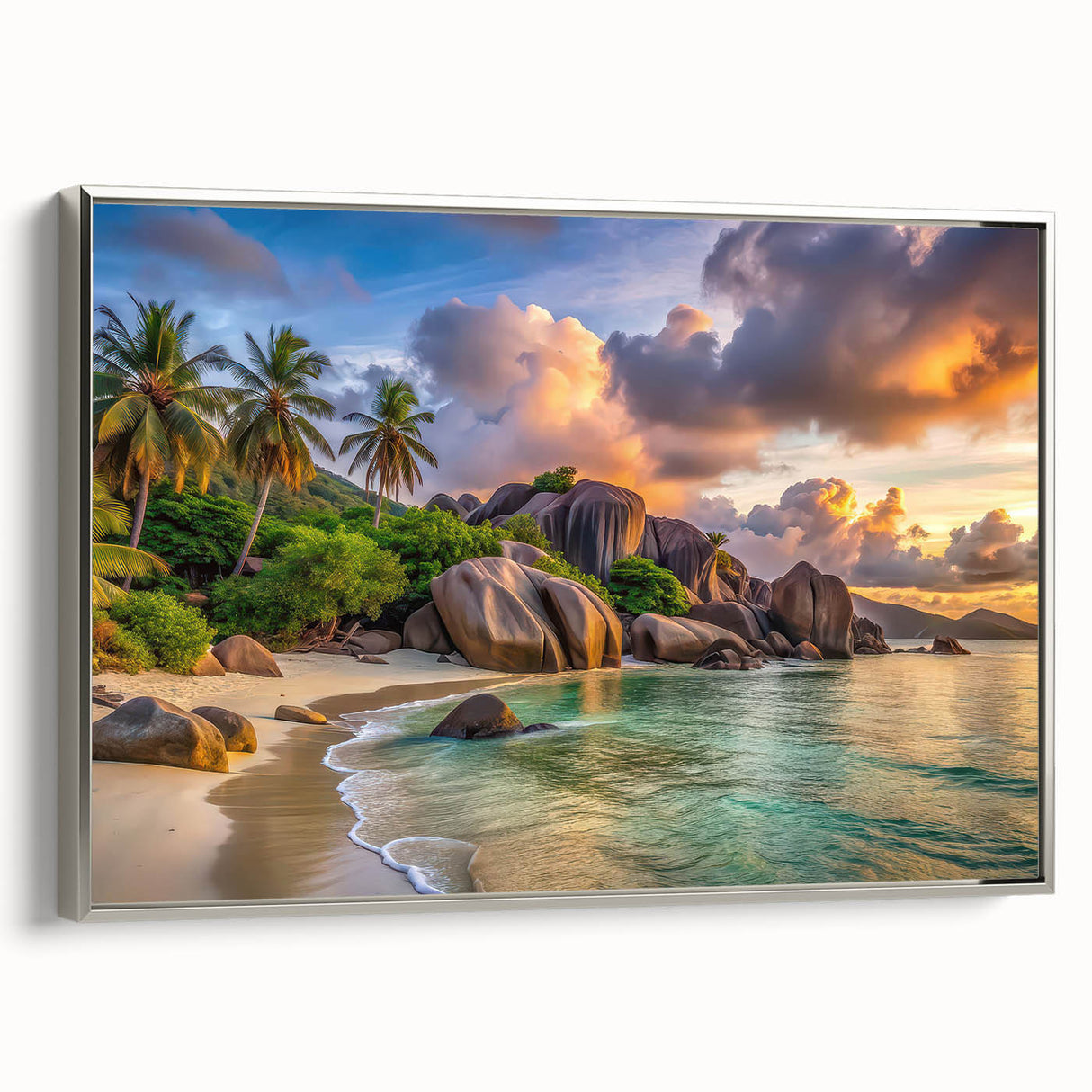 Framed canvas landscape art painting depicting Seychelles scenery in vibrant colors, ideal for living room decor.