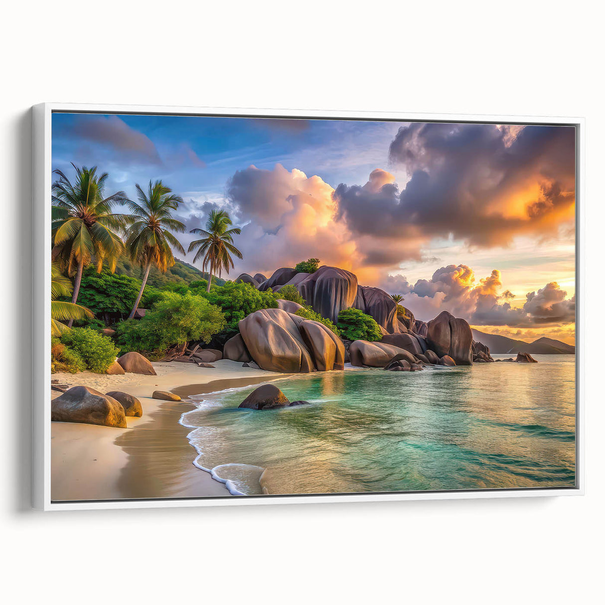 Vintage poster art of Seychelles scenery on a framed canvas, featuring colorful art with black borders.