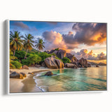 Vintage poster art of Seychelles scenery on a framed canvas, featuring colorful art with black borders.