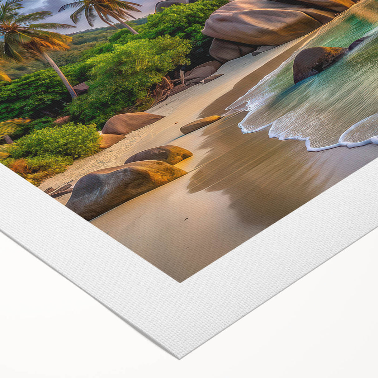 Art deco poster featuring a serene Seychelles landscape on rolled canvas, suitable for dining room wall art.