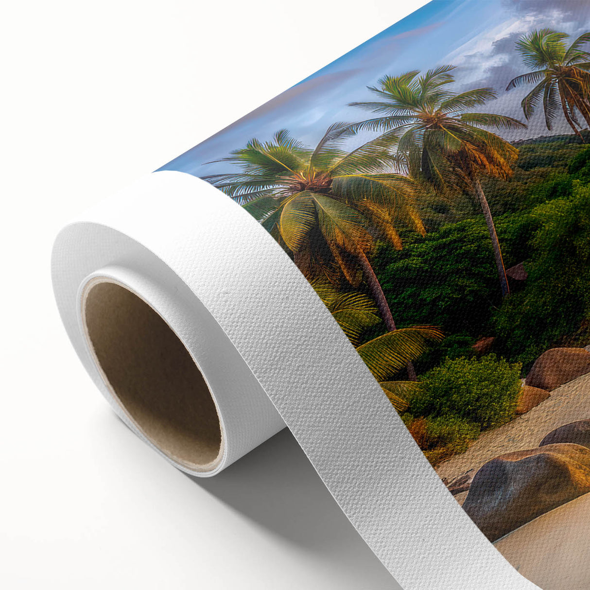 Art deco poster of Seychelles scenery on rolled canvas, featuring pastel shades.