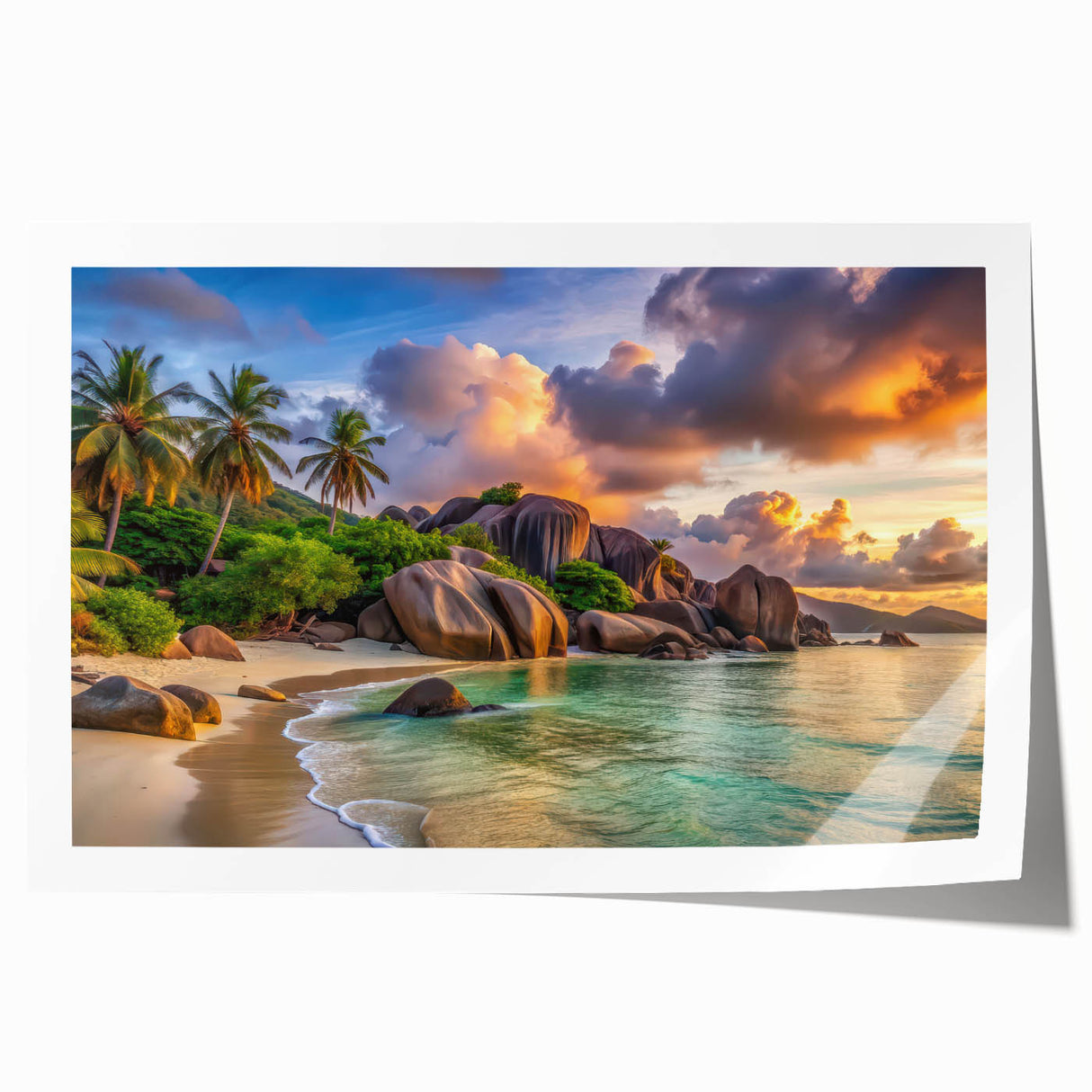 Extra large rolled print of Seychelles scenery with vibrant green and blue tones, ideal for art wall dining room.