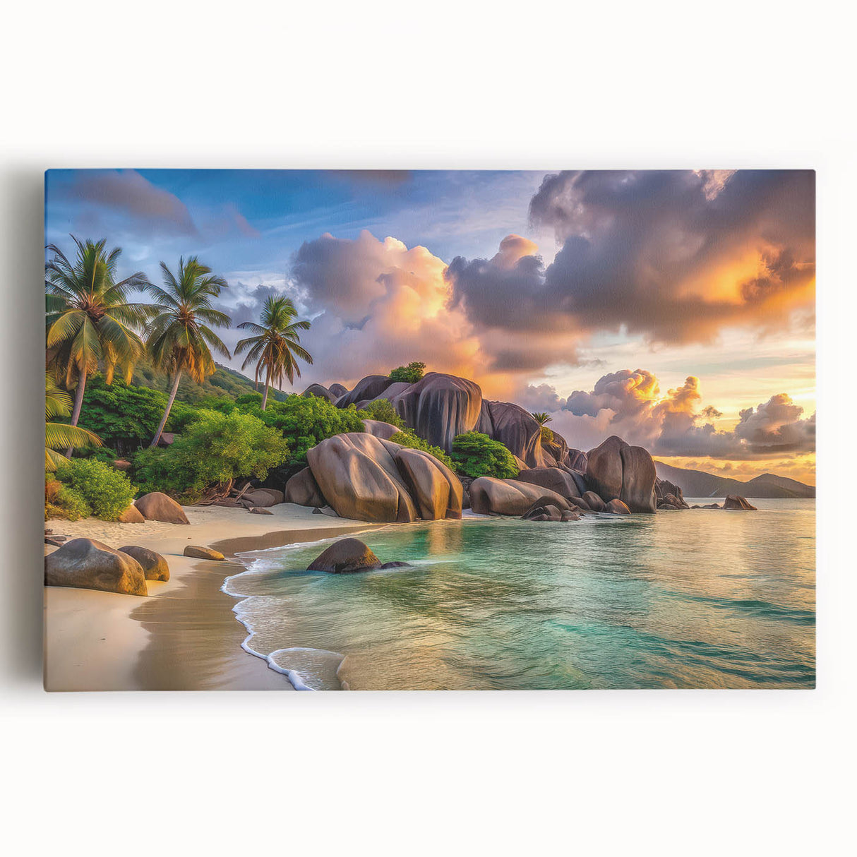 Black and white photograph of Seychelles scenery on stretched canvas, ideal for kitchen wall art or bedroom ambiance.