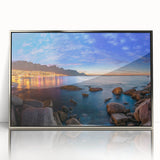 Mid-century modernist art depicting an African savannah scene in muted earth tones on a silver-framed acrylic print.