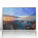 Acrylic print of a South African landscape in muted earth tones, framed in white, suitable for modern art wall decor.