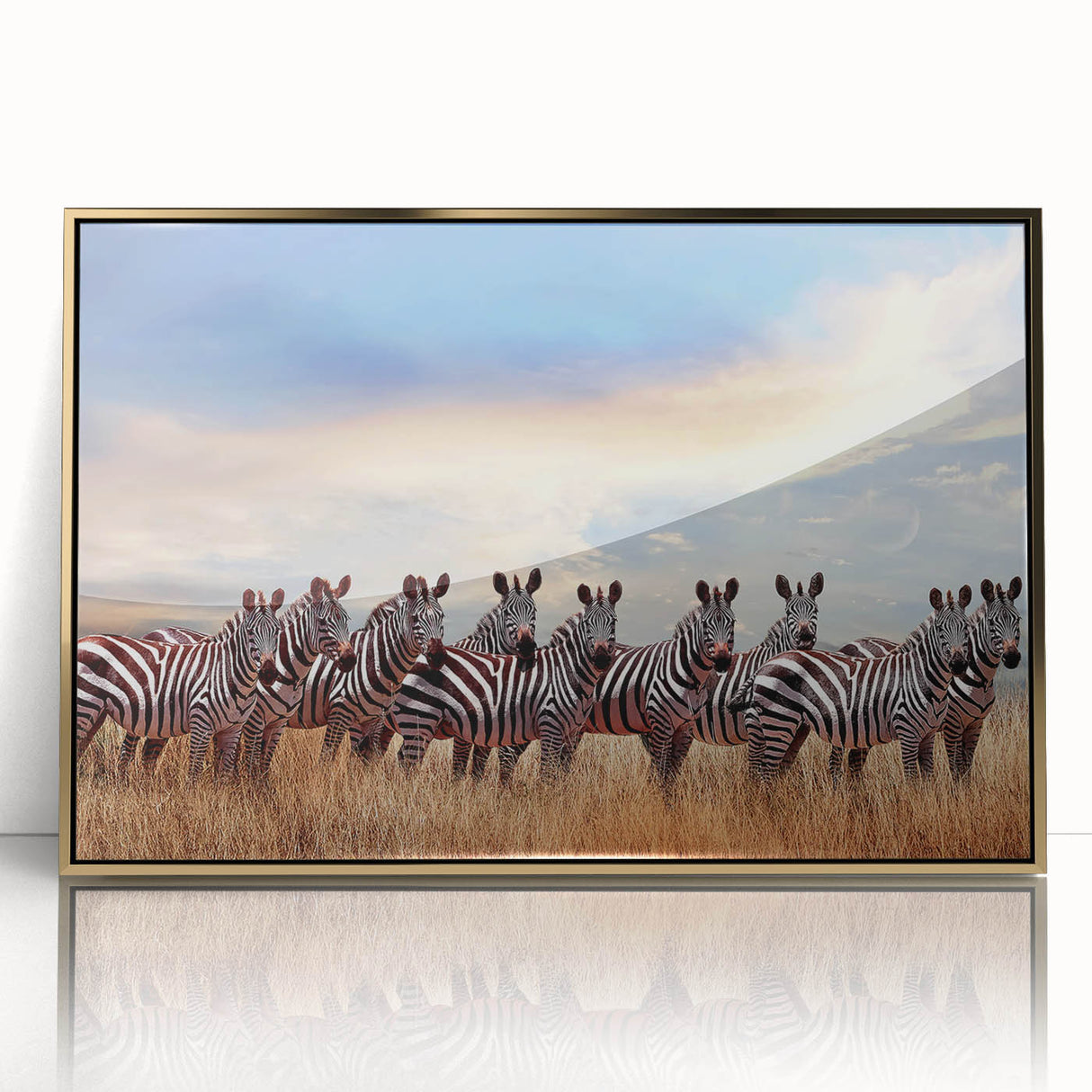 Large acrylic print of a Tanzanian landscape in gold frame, featuring mid-century modernist style.