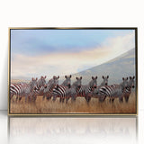 Large acrylic print of a Tanzanian landscape in gold frame, featuring mid-century modernist style.