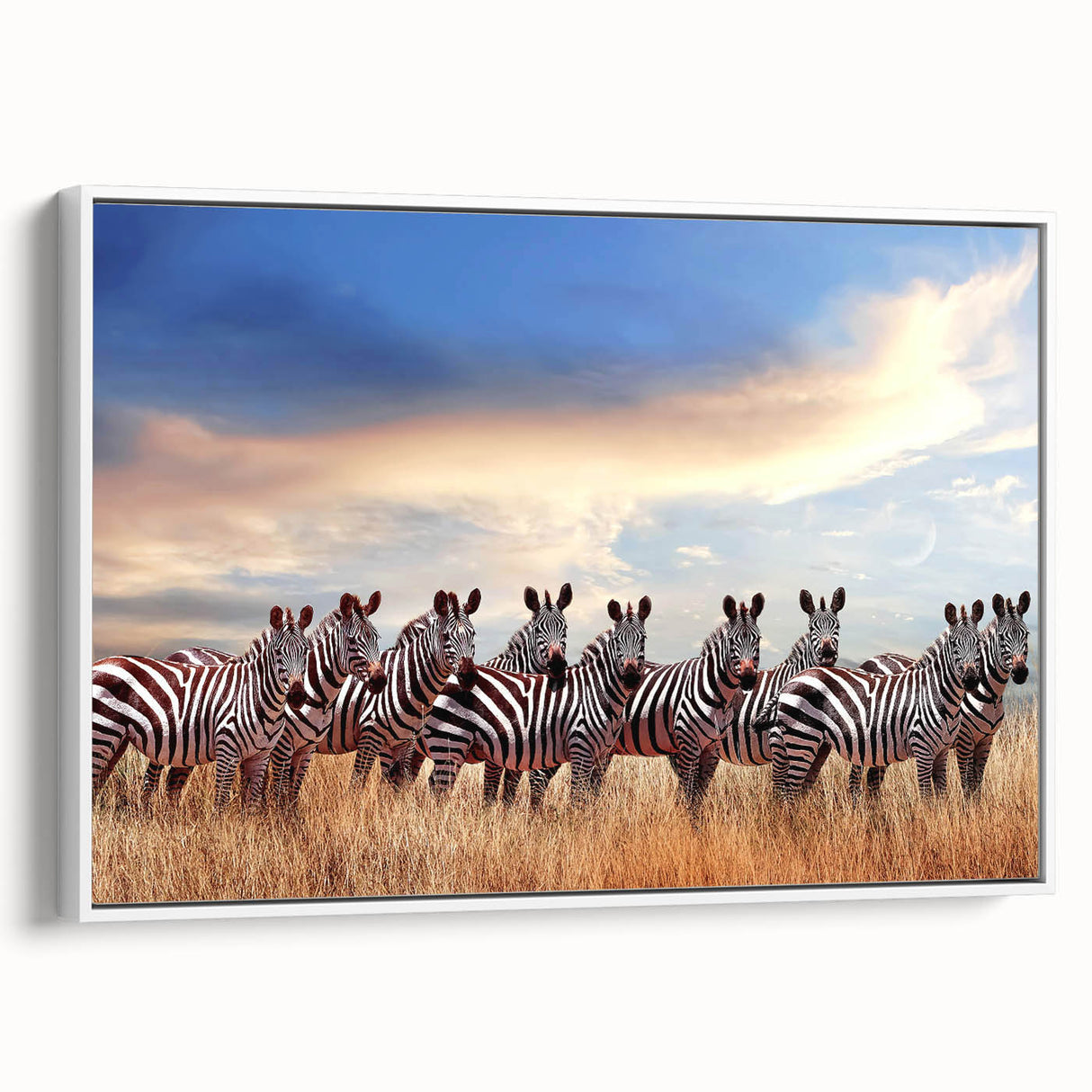 Vintage poster art of a Tanzanian landscape on framed canvas, featuring colorful art with black accents.