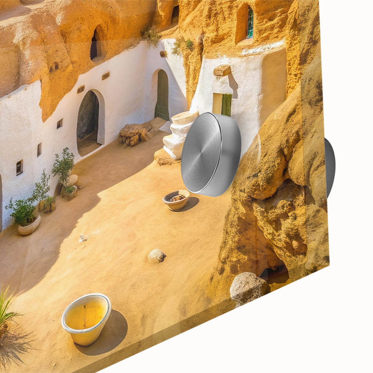 Large abstract wall art depicting Tunisian scenery in muted earth tones on acrylic glass, ideal for dining room art.